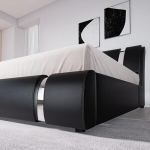 Allewie Queen Bed Frame with Iron Piece Decor, Faux Leather Upholstered Platform Bed with Adjustable Headboard & Strong Wooden Slats, No Box Spring Needed, Black - Image 5