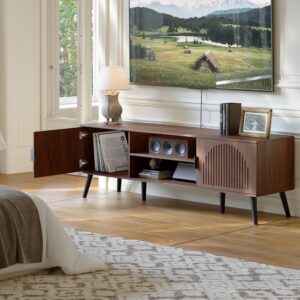 ChooChoo TV Stand for Living Room, Mid Century Modern TV Stand for 65 Inch TVs, Entertainment Center with Storage Cabinet and Open Shelves, TV Console Table Media Cabinet for Bedroom, Walnut - Image 3
