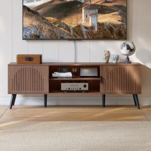 ChooChoo TV Stand for Living Room, Mid Century Modern TV Stand for 65 Inch TVs, Entertainment Center with Storage Cabinet and Open Shelves, TV Console Table Media Cabinet for Bedroom, Walnut - Image 4