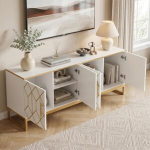 LITTLE TREE TV Stand for TVs up to 70 Inches, Entertainment Center with Storage Cabinets, Luxury Media Console, 63 Inch Modern TV Stand for Living Room, White & Gold - Image 9