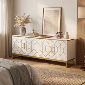 LITTLE TREE TV Stand for TVs up to 70 Inches, Entertainment Center with Storage Cabinets, Luxury Media Console, 63 Inch Modern TV Stand for Living Room, White & Gold - Image 8