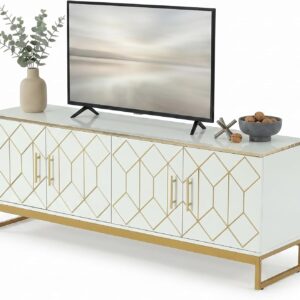 LITTLE TREE TV Stand for TVs up to 70 Inches, Entertainment Center with Storage Cabinets, Luxury Media Console, 63 Inch Modern TV Stand for Living Room, White & Gold - Image 6