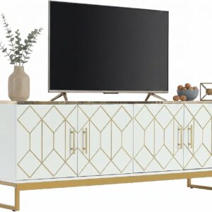 LITTLE TREE TV Stand for TVs up to 70 Inches, Entertainment Center with Storage Cabinets, Luxury Media Console, 63 Inch Modern TV Stand for Living Room, White & Gold - Image 4