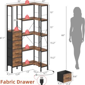 AFLUI Corner Bookshelf with LED Light Strips & 4 Fabric Drawers, 5-Tier Convertible Corner Shelf with Display Shelf, Large Wood Industrial Bookcase for Living Room, Bedroom, Home Office, Rustic Brown - Image 2