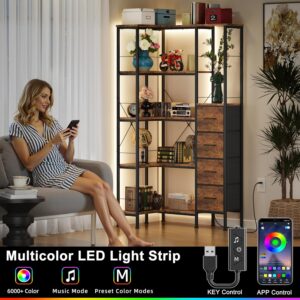 AFLUI Corner Bookshelf with LED Light Strips & 4 Fabric Drawers, 5-Tier Convertible Corner Shelf with Display Shelf, Large Wood Industrial Bookcase for Living Room, Bedroom, Home Office, Rustic Brown - Image 3