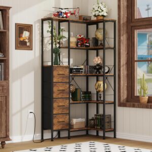 AFLUI Corner Bookshelf with LED Light Strips & 4 Fabric Drawers, 5-Tier Convertible Corner Shelf with Display Shelf, Large Wood Industrial Bookcase for Living Room, Bedroom, Home Office, Rustic Brown - Image 6