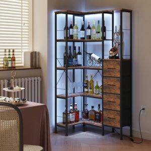 AFLUI Corner Bookshelf with LED Light Strips & 4 Fabric Drawers, 5-Tier Convertible Corner Shelf with Display Shelf, Large Wood Industrial Bookcase for Living Room, Bedroom, Home Office, Rustic Brown - Image 7
