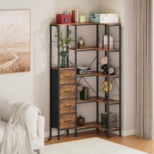 AFLUI Corner Bookshelf with LED Light Strips & 4 Fabric Drawers, 5-Tier Convertible Corner Shelf with Display Shelf, Large Wood Industrial Bookcase for Living Room, Bedroom, Home Office, Rustic Brown - Image 8