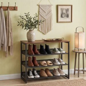 Shoe Rack for Entryway 4 Tiers 11.8" D x 25" W x 28" H, Metal Shoe Rocks with Brown Wooden Tabletop, Angled Shoes Rack with Adjustable Mesh Shelves for Entryway Hallway Closet - Image 2