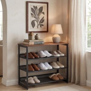 Shoe Rack for Entryway 4 Tiers 11.8" D x 25" W x 28" H, Metal Shoe Rocks with Brown Wooden Tabletop, Angled Shoes Rack with Adjustable Mesh Shelves for Entryway Hallway Closet - Image 4