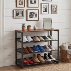 Shoe Rack for Entryway 4 Tiers 11.8" D x 25" W x 28" H, Metal Shoe Rocks with Brown Wooden Tabletop, Angled Shoes Rack with Adjustable Mesh Shelves for Entryway Hallway Closet - Image 6