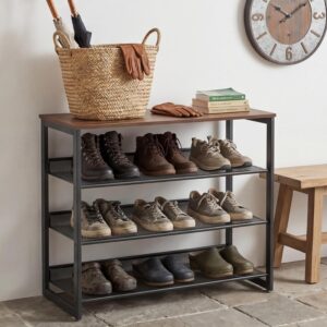 Shoe Rack for Entryway 4 Tiers 11.8" D x 25" W x 28" H, Metal Shoe Rocks with Brown Wooden Tabletop, Angled Shoes Rack with Adjustable Mesh Shelves for Entryway Hallway Closet - Image 9