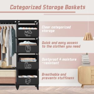 Portable Closet, Easy Assembly, Large Capacity Wardrobe Closet, Sturdy and Stable Clothes Rack with Shelves 4 Storage Baskets and 2 Hanging Rods, for Bedroom and Cloakroom Black - Image 4