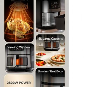 Digital Air Fryer Oven, 2800W, 15L Big-Sized Capacity, Touch Control, 12 Preset Functions, 80-200°C Adjustable Temp, Smoke-Free Cooking, stainless steel visual electric fryer. - Image 5