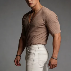 2026 New Arrival Men's V Neck Half Sleeve T-shirts Casual Slim Fit Ribbed Knit Pullover American Retro Male Fashion Streetwear - Image 2