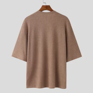 2026 New Arrival Men's V Neck Half Sleeve T-shirts Casual Slim Fit Ribbed Knit Pullover American Retro Male Fashion Streetwear - Image 7