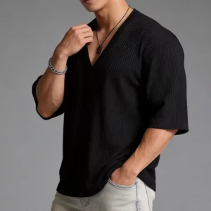 2026 New Arrival Men's V Neck Half Sleeve T-shirts Casual Slim Fit Ribbed Knit Pullover American Retro Male Fashion Streetwear - Image 3