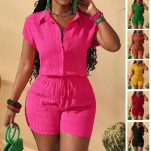Solid Textured Women Matching Set Lapel Short Sleeve Top Drawstring Elastic Waist Shorts Summer Beach Casual Two Piece Outfit - Image 2