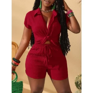 Solid Textured Women Matching Set Lapel Short Sleeve Top Drawstring Elastic Waist Shorts Summer Beach Casual Two Piece Outfit - Image 5