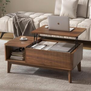 LYNCOHOME Fluted Lift Top Coffee Table with Storage, Modern Coffee Table for Living Room, Home Office（Walnut） - Image 1