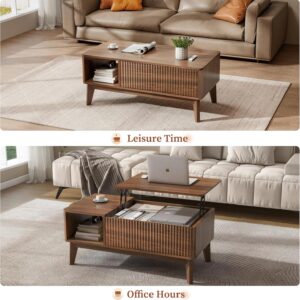 LYNCOHOME Fluted Lift Top Coffee Table with Storage, Modern Coffee Table for Living Room, Home Office（Walnut） - Image 4