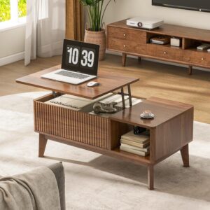 LYNCOHOME Fluted Lift Top Coffee Table with Storage, Modern Coffee Table for Living Room, Home Office（Walnut） - Image 7
