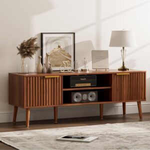 TV Stand with Fluted Doors for TVs up to 65", Mid-Century, Walnut | 54.3"W x 15.3"D x 19.6"H, 150 lbs capacity, 2 fluted door cabinets & 2 adjustable shelves, cable holes, 5 tapered legs - Image 1