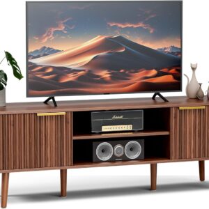 TV Stand with Fluted Doors for TVs up to 65", Mid-Century, Walnut | 54.3"W x 15.3"D x 19.6"H, 150 lbs capacity, 2 fluted door cabinets & 2 adjustable shelves, cable holes, 5 tapered legs - Image 2