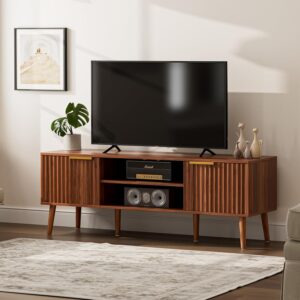 TV Stand with Fluted Doors for TVs up to 65", Mid-Century, Walnut | 54.3"W x 15.3"D x 19.6"H, 150 lbs capacity, 2 fluted door cabinets & 2 adjustable shelves, cable holes, 5 tapered legs - Image 4