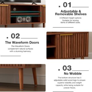TV Stand with Fluted Doors for TVs up to 65", Mid-Century, Walnut | 54.3"W x 15.3"D x 19.6"H, 150 lbs capacity, 2 fluted door cabinets & 2 adjustable shelves, cable holes, 5 tapered legs - Image 6