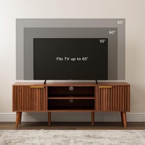 TV Stand with Fluted Doors for TVs up to 65", Mid-Century, Walnut | 54.3"W x 15.3"D x 19.6"H, 150 lbs capacity, 2 fluted door cabinets & 2 adjustable shelves, cable holes, 5 tapered legs - Image 7