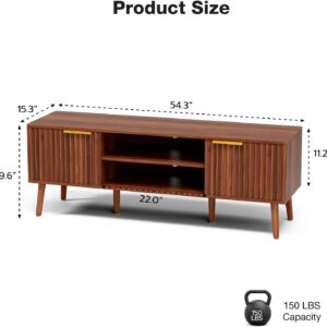 TV Stand with Fluted Doors for TVs up to 65", Mid-Century, Walnut | 54.3"W x 15.3"D x 19.6"H, 150 lbs capacity, 2 fluted door cabinets & 2 adjustable shelves, cable holes, 5 tapered legs - Image 8