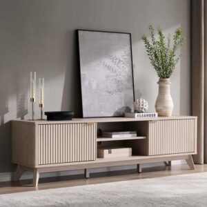 OKD 70" Mid Century Modern Fluted TV Stand w/ 2 Soft Close Door,Alder White | Entertainment Center, Sideboard, Media console for Living Room with Adjustable Shelves - Image 1