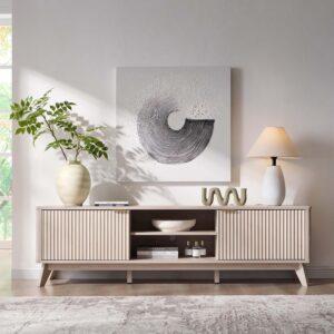 OKD 70" Mid Century Modern Fluted TV Stand w/ 2 Soft Close Door,Alder White | Entertainment Center, Sideboard, Media console for Living Room with Adjustable Shelves - Image 3