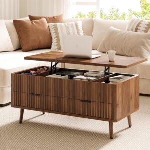 Lift Top Coffee Table with Storage - Fluted Wood Coffee Tables for Living Room with Drawers & Hidden Compartment, Mid Century Modern Square Large Center Table for Home Office Reception Walnut - Image 1