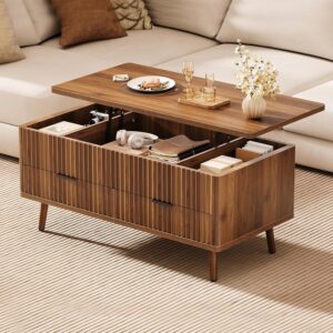 Lift Top Coffee Table with Storage - Fluted Wood Coffee Tables for Living Room with Drawers & Hidden Compartment, Mid Century Modern Square Large Center Table for Home Office Reception Walnut - Image 2