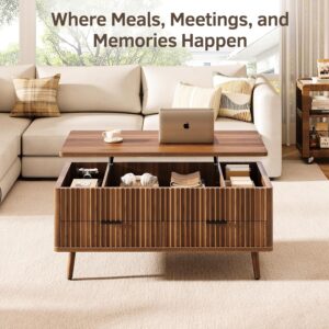 Lift Top Coffee Table with Storage - Fluted Wood Coffee Tables for Living Room with Drawers & Hidden Compartment, Mid Century Modern Square Large Center Table for Home Office Reception Walnut - Image 3
