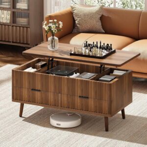 Lift Top Coffee Table with Storage - Fluted Wood Coffee Tables for Living Room with Drawers & Hidden Compartment, Mid Century Modern Square Large Center Table for Home Office Reception Walnut - Image 4