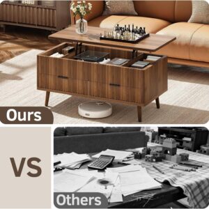Lift Top Coffee Table with Storage - Fluted Wood Coffee Tables for Living Room with Drawers & Hidden Compartment, Mid Century Modern Square Large Center Table for Home Office Reception Walnut - Image 5