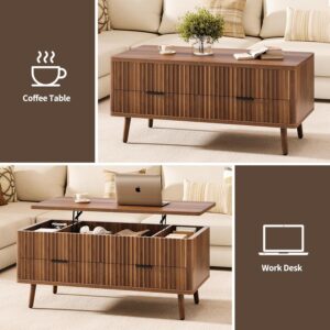 Lift Top Coffee Table with Storage - Fluted Wood Coffee Tables for Living Room with Drawers & Hidden Compartment, Mid Century Modern Square Large Center Table for Home Office Reception Walnut - Image 6