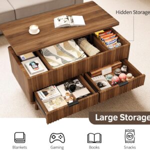 Lift Top Coffee Table with Storage - Fluted Wood Coffee Tables for Living Room with Drawers & Hidden Compartment, Mid Century Modern Square Large Center Table for Home Office Reception Walnut - Image 7