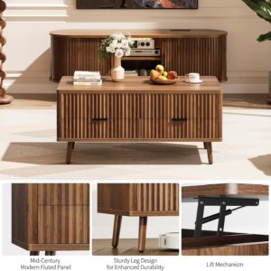 Lift Top Coffee Table with Storage - Fluted Wood Coffee Tables for Living Room with Drawers & Hidden Compartment, Mid Century Modern Square Large Center Table for Home Office Reception Walnut - Image 8