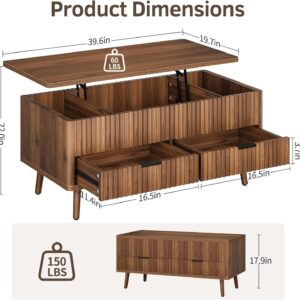 Lift Top Coffee Table with Storage - Fluted Wood Coffee Tables for Living Room with Drawers & Hidden Compartment, Mid Century Modern Square Large Center Table for Home Office Reception Walnut - Image 9