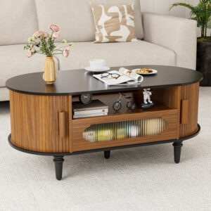 Fluted Round Coffee Table with Storage, Modern Oval Coffee Table with Drawer, Sliding Door, Low Small Center Tables for Living Room, Wooden Boho, Mid Century, Unique, Black and Walnut - Image 1