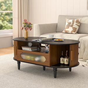 Fluted Round Coffee Table with Storage, Modern Oval Coffee Table with Drawer, Sliding Door, Low Small Center Tables for Living Room, Wooden Boho, Mid Century, Unique, Black and Walnut - Image 2
