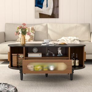 Fluted Round Coffee Table with Storage, Modern Oval Coffee Table with Drawer, Sliding Door, Low Small Center Tables for Living Room, Wooden Boho, Mid Century, Unique, Black and Walnut - Image 3