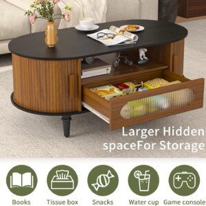 Fluted Round Coffee Table with Storage, Modern Oval Coffee Table with Drawer, Sliding Door, Low Small Center Tables for Living Room, Wooden Boho, Mid Century, Unique, Black and Walnut - Image 4