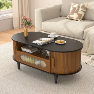Fluted Round Coffee Table with Storage, Modern Oval Coffee Table with Drawer, Sliding Door, Low Small Center Tables for Living Room, Wooden Boho, Mid Century, Unique, Black and Walnut - Image 5