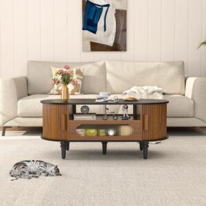 Fluted Round Coffee Table with Storage, Modern Oval Coffee Table with Drawer, Sliding Door, Low Small Center Tables for Living Room, Wooden Boho, Mid Century, Unique, Black and Walnut - Image 6