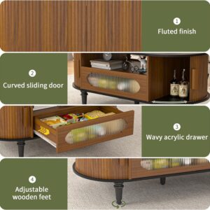 Fluted Round Coffee Table with Storage, Modern Oval Coffee Table with Drawer, Sliding Door, Low Small Center Tables for Living Room, Wooden Boho, Mid Century, Unique, Black and Walnut - Image 7